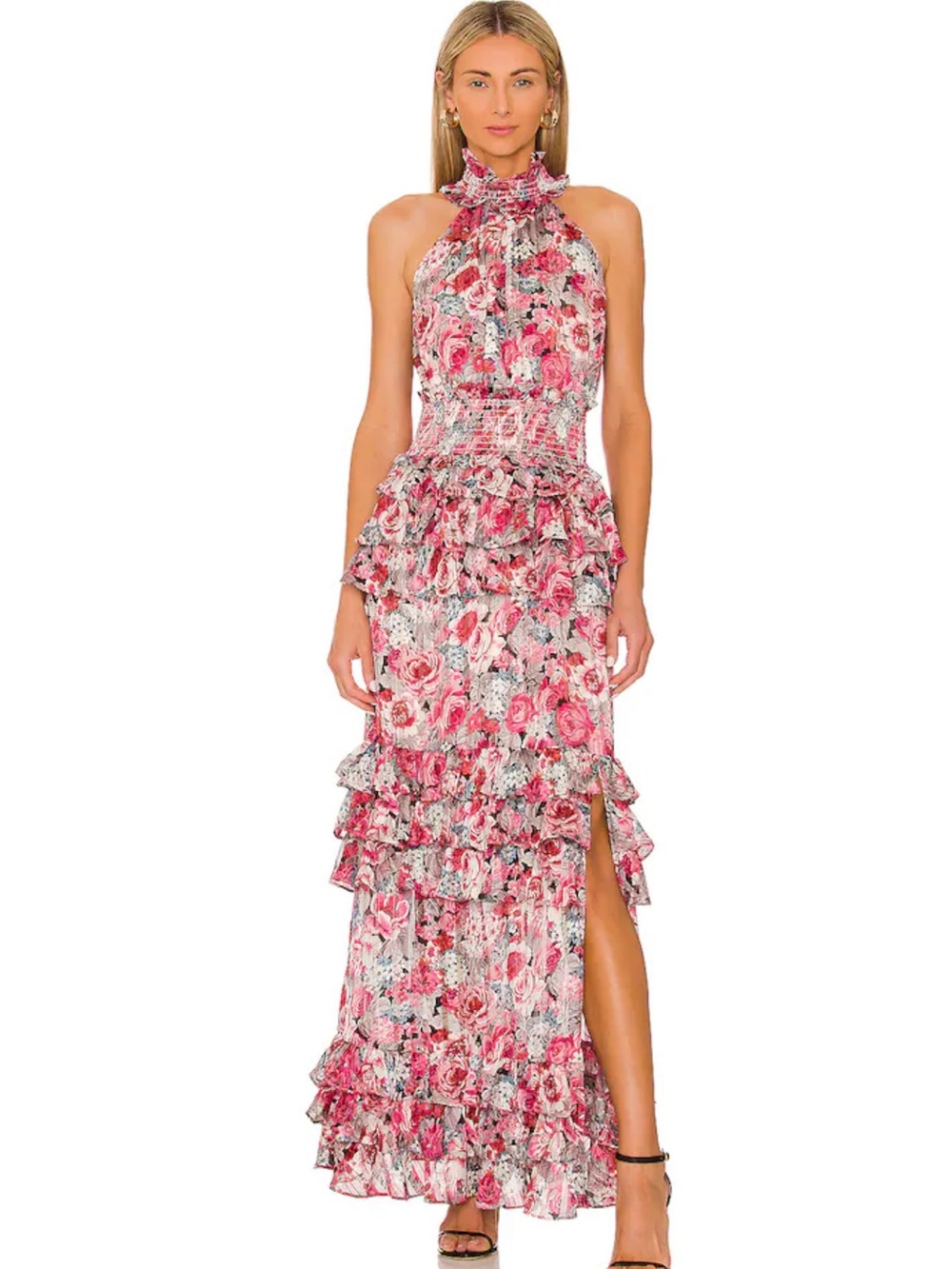 Elliatt Dunmore dress in multi - Pink Floral Halter Ruffle Maxi Dress